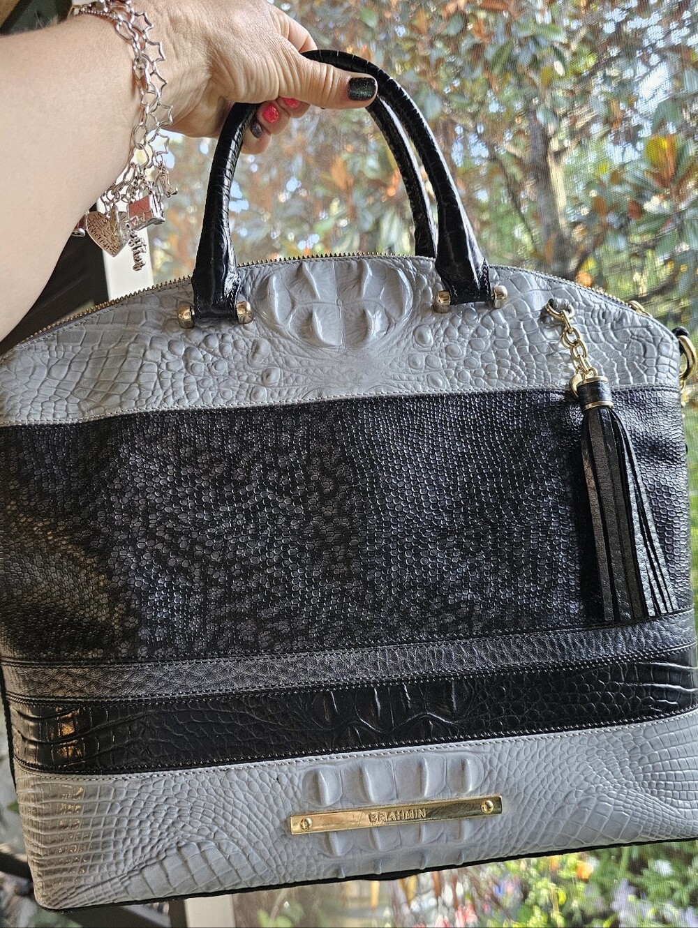 Rare Brahmin Large Duxbury Satchel | Luxe Mixed Texture Embossed Leather - Picture 3 of 11
